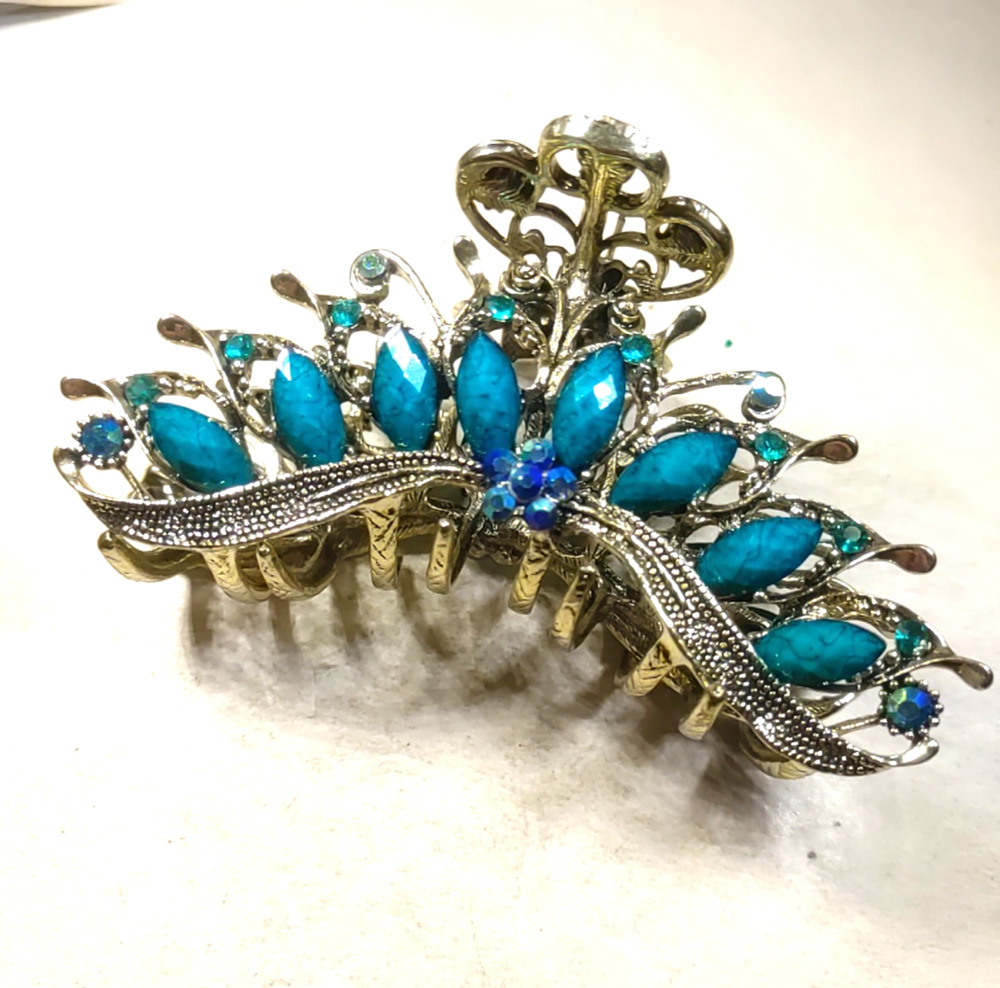 Hair Barrette Alligator Clip Silver Tone Blue Rhinestone Elegant Party Updo